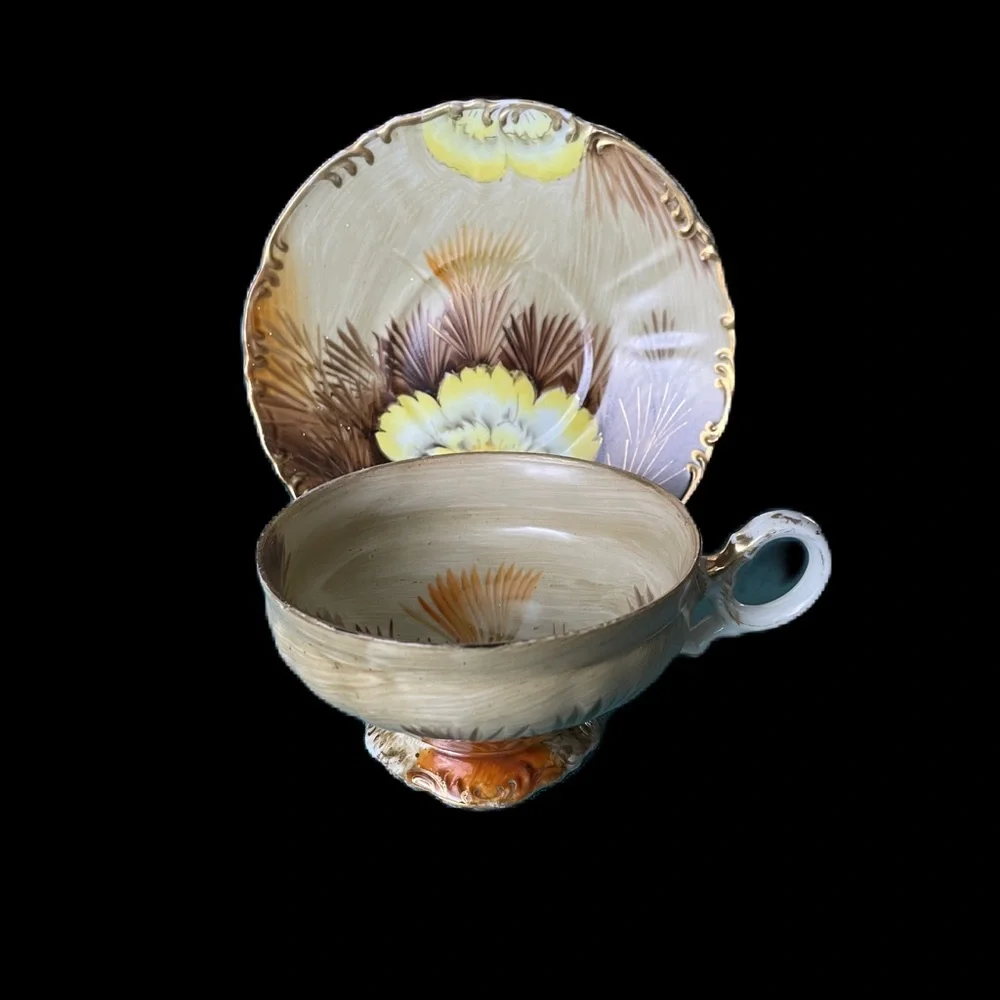 Saji Wild Cactus Yellow Flower Brown Tea Cup Saucer Made in Japan Hand Painted